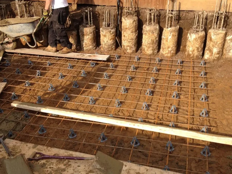 Worker preparing a foundation site with a rebar grid.